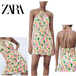 Zara multicoloured swirl print retro 70s peephole halter top mini dress L NWOT